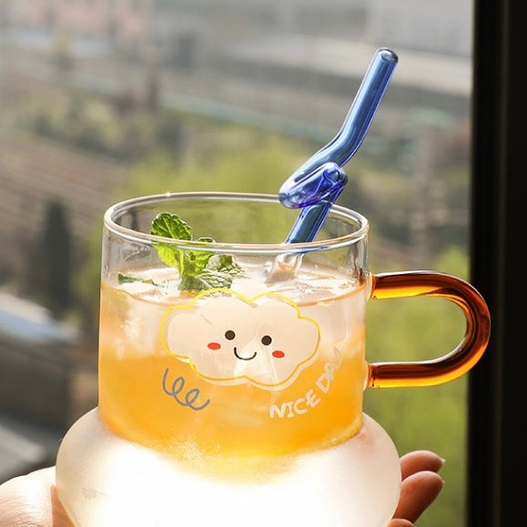 Cute Korea Style Illustration Print Pear Shape Transparent Glass Cup