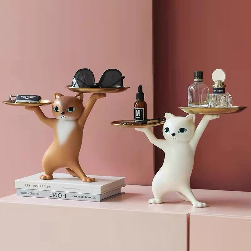 Cute Posing Cat Home Living Room Decor Figurine with Plate