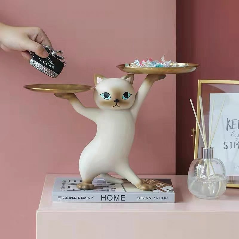 Cute Posing Cat Home Living Room Decor Figurine with Plate