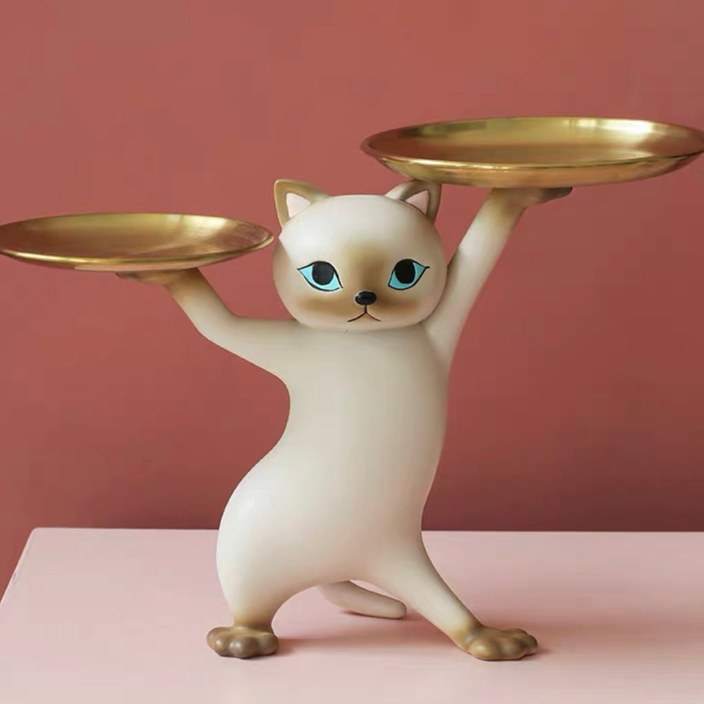 Cute Posing Cat Home Living Room Decor Figurine with Plate