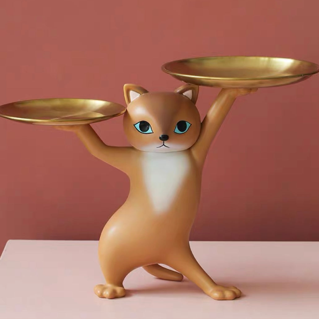 Cute Posing Cat Home Living Room Decor Figurine with Plate