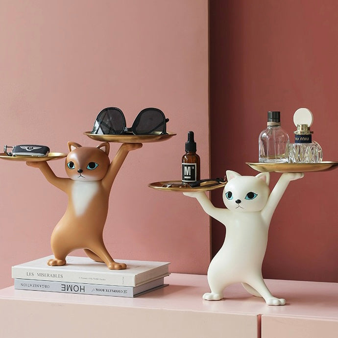 Cute Posing Cat Home Living Room Decor Figurine with Plate