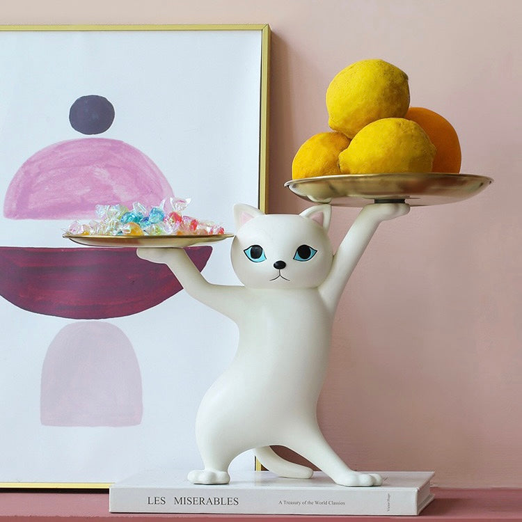 Cute Posing Cat Home Living Room Decor Figurine with Plate