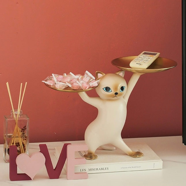 Cute Posing Cat Home Living Room Decor Figurine with Plate