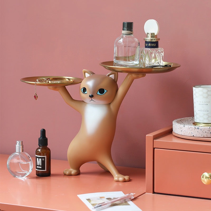 Cute Posing Cat Home Living Room Decor Figurine with Plate