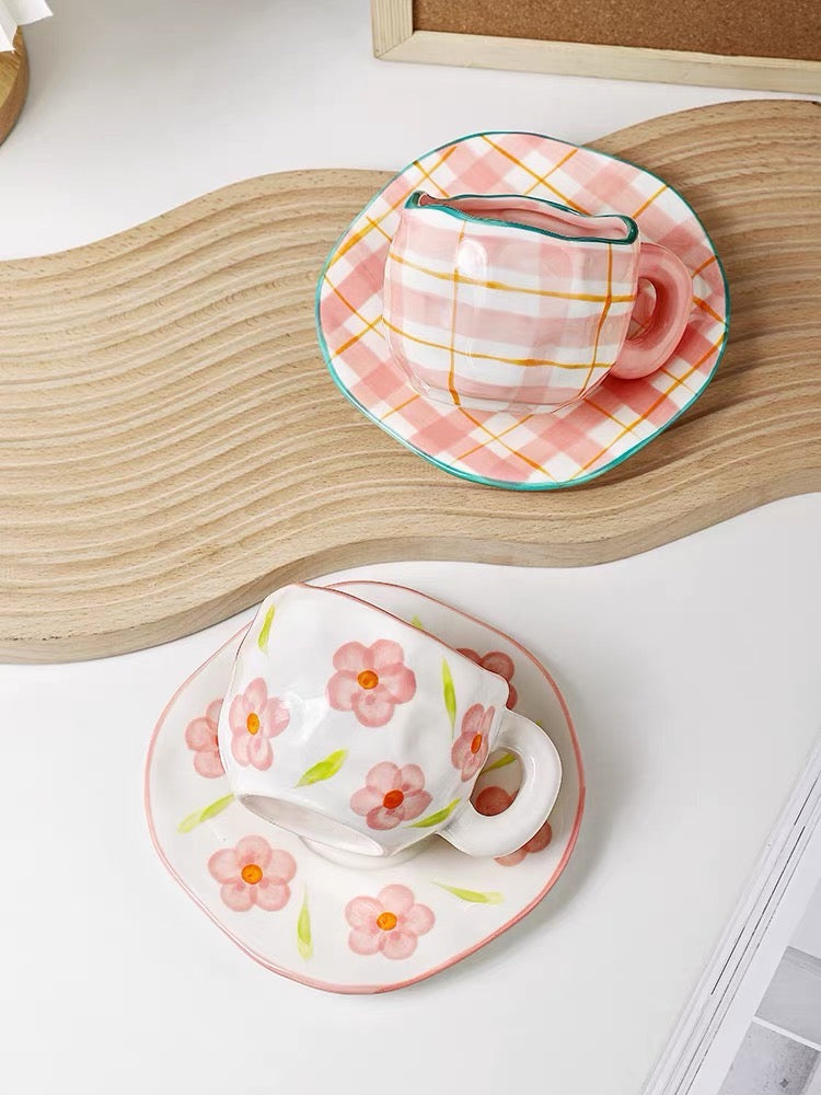 Cute Pastel Colour Vintage Print Ceramic Tea Cup with Plate