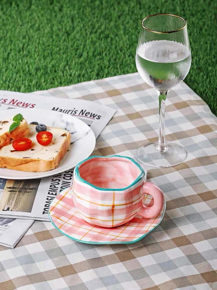 Cute Pastel Colour Vintage Print Ceramic Tea Cup with Plate