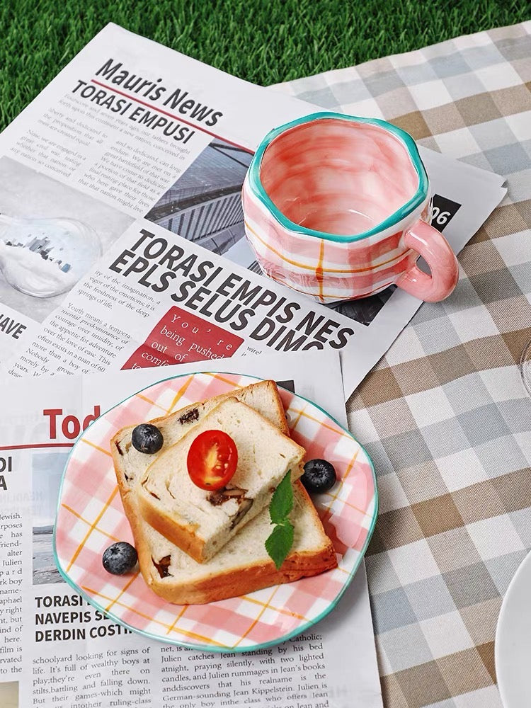 Cute Pastel Colour Vintage Print Ceramic Tea Cup with Plate