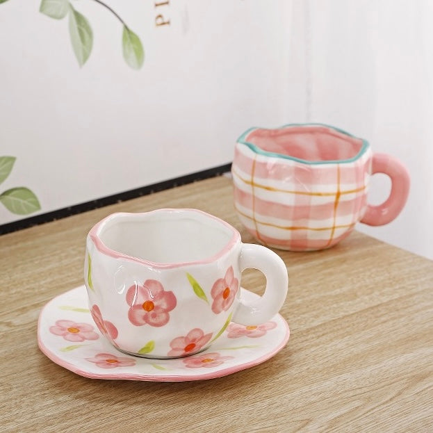 Cute Pastel Colour Vintage Print Ceramic Tea Cup with Plate