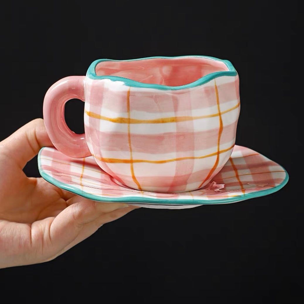 Cute Pastel Colour Vintage Print Ceramic Tea Cup with Plate