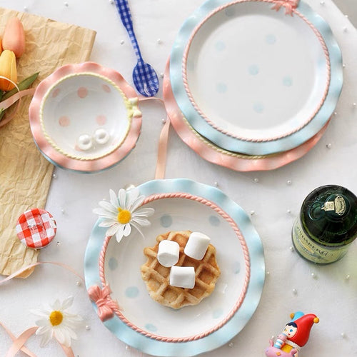 Cute Pastel Ribbon Polka Dots Princess Bowl & Plate Set - Peachymart