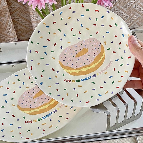 Cute Sweet Doughnut Ceramic Dessert Party Plate & Glass Cup
