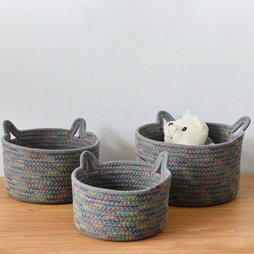 Cute Rainbow Woven Cat Ears Storage Basket Organizer - Peachymart