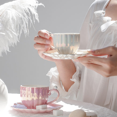 Cute Mermaid Style Pearl Shell Ceramic Tea Cup with Plate - Peachymart