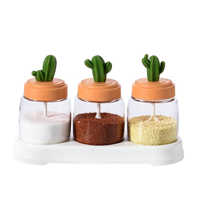 Cute Cactus Kitchen Organiser Condiments Jar with Spoon Set