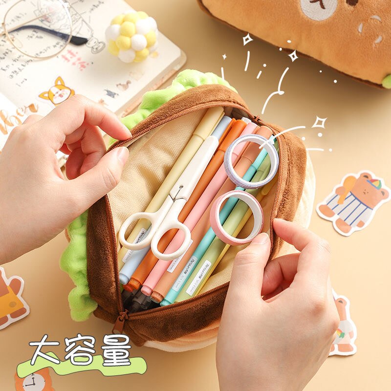 Kawaii Doll Plush Hamburger Bear & Dog Pencil Case Bag - Peachymart