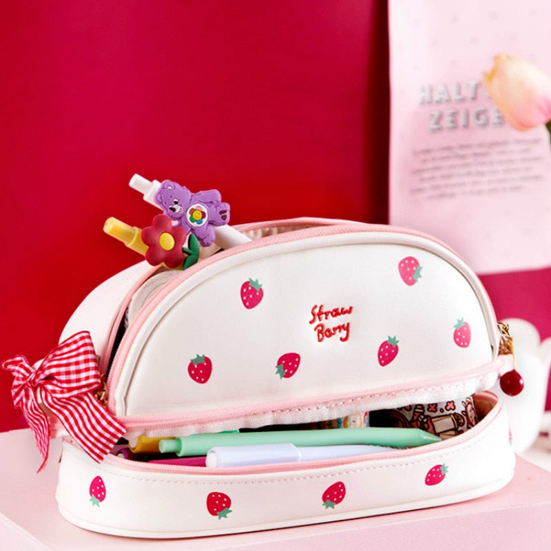 Kawaii Japanese Style Double Layer Heart & Strawberry & Bear Pencil Case