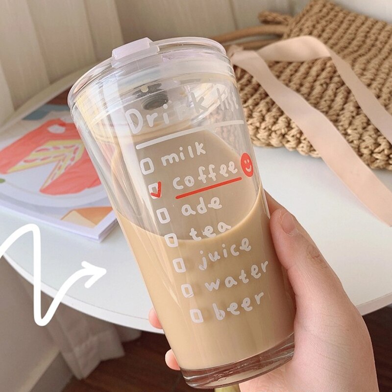 Cute Korean Style Coffee Letters Check List Transparent Glass Cup with Lid