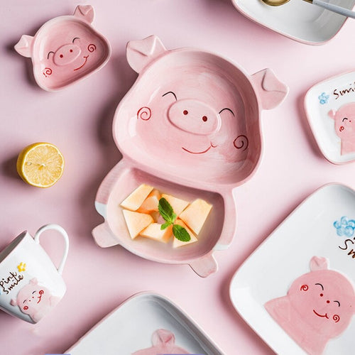 Cute Baby Whale Piggy & Cow Hand Painted Ceramic Plates - Peachymart