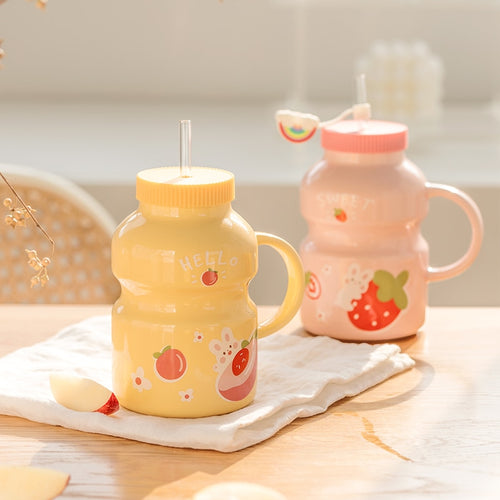 Cute Ceramic Yogurt Drink Mini Fruits Mug Cup with Straw - Peachymart