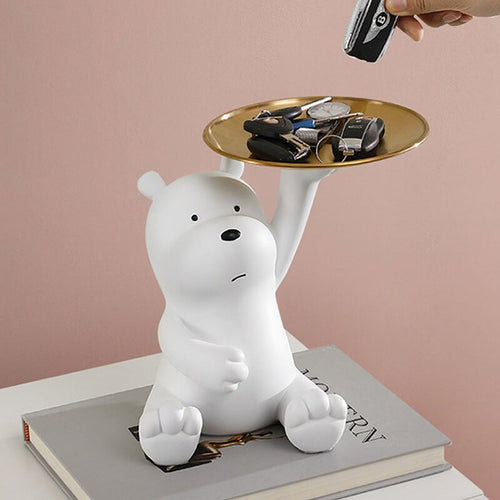 Cute Cartoon Bear Home Living Room Decor Figurine with Plate - Peachymart