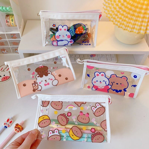 Cute Kawaii Teddy & Bunny Friends Transparent Small Cosmetic Storage Bag - Peachymart