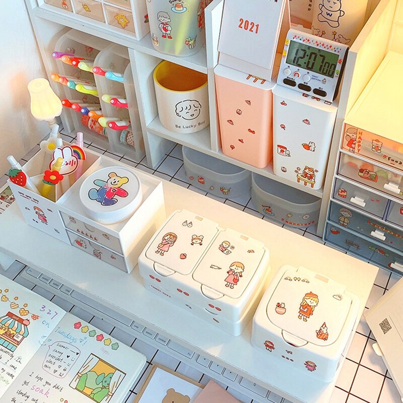 Cute Kawaii Push Button Desktop Mini Storage Organizer Box with