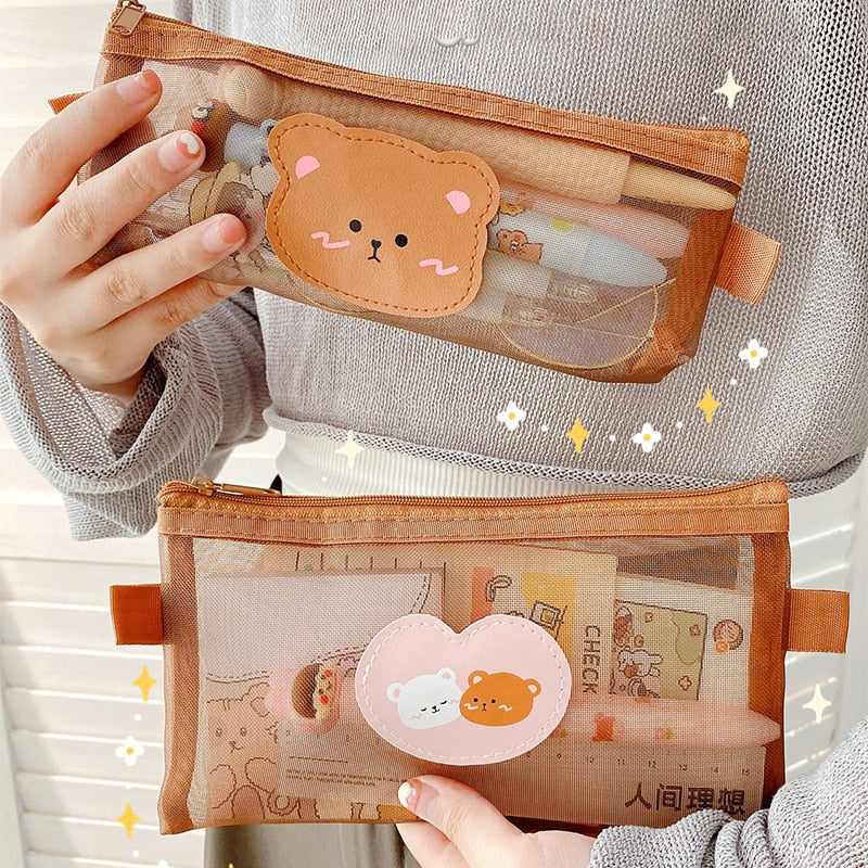 Cute Kawaii Teddy Bear Transparent Mesh Pencil Case - Peachymart