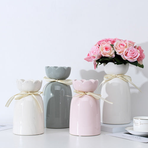 Cute Pastel Color Ribbon Bouquet Ceramic Vase Decor - Peachymart