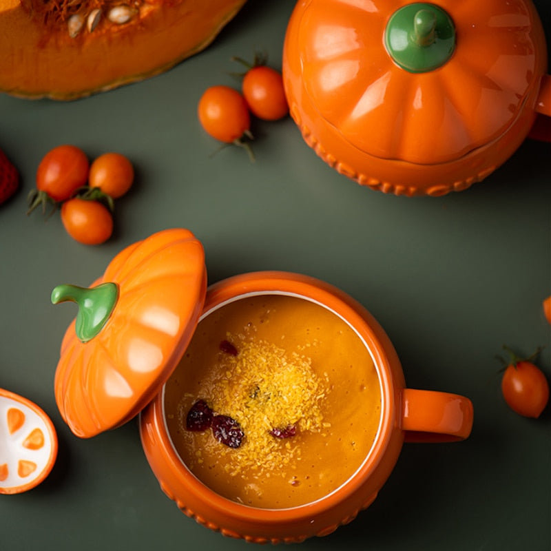 1pc Cute Pumpkin Shaped Double Ear Ceramic Soup Pot With Lid, Mini Fruit  Plate, Festival Gift