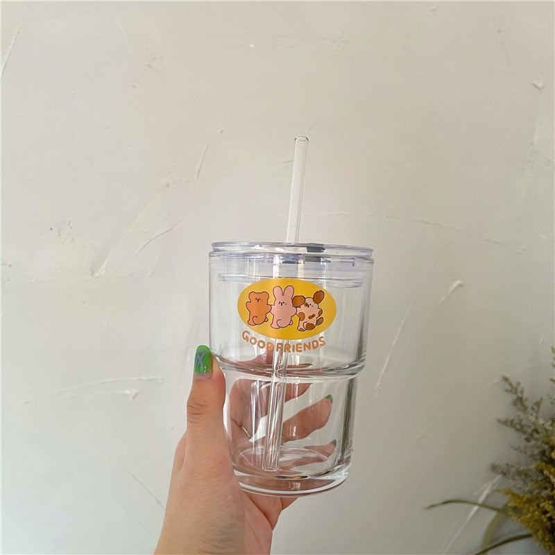 Cute Kawaii Bear Cartoon Water Glass Cup with Straw & Lid