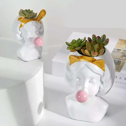 Nordic Style Cute Bubble Gum Rabbit Cat Girl Resin Vase - Peachymart