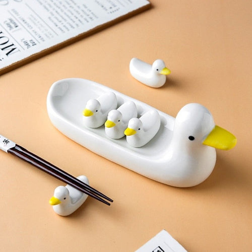Cute Japanese Style Duck Family Ceramic Chopstick Pillow Decor Holder - Peachymart