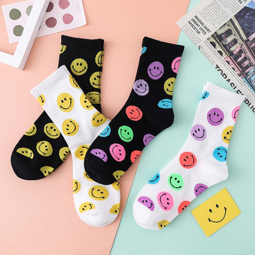 Cute Korean Style Smiley Face Print Cotton Socks - Peachymart