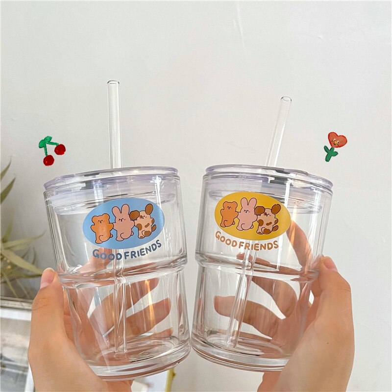 1pc Small Cute Glass Cups With Lid And Straw