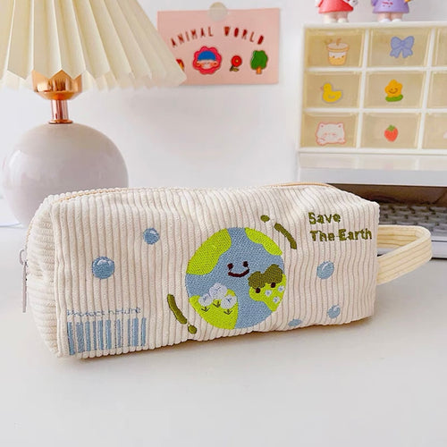 Cute Creamy Corduroy Embroidery Pencil Case with Handle - Peachymart