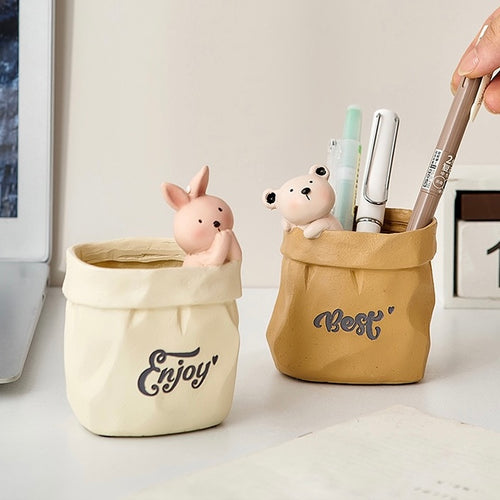 Cute Animals in Paper Bag Desk Decorative Pen Make Up Holder - Peachymart