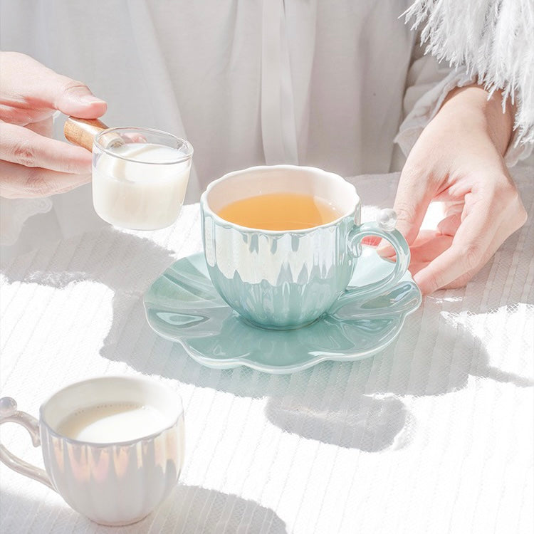 Cute Mermaid Style Pearl Shell Ceramic Tea Cup with Plate - Peachymart