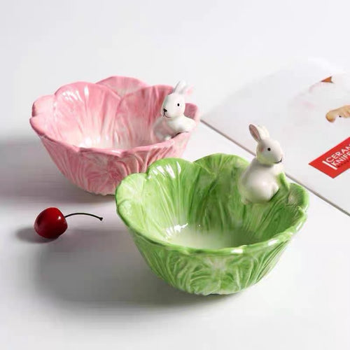 Cute Hand Painted Underglazed Bunny Cabbage Bowl - Peachymart