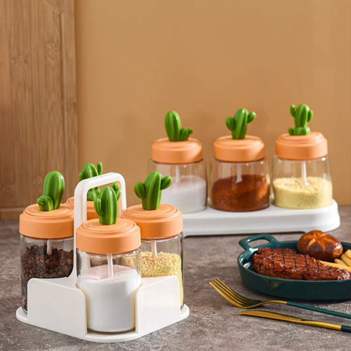 Cute Cactus Kitchen Organiser Condiments Jar with Spoon Set - Peachymart