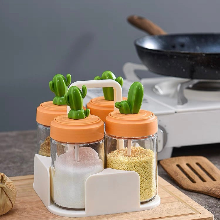 Cute Cactus Kitchen Organiser Condiments Jar with Spoon Set