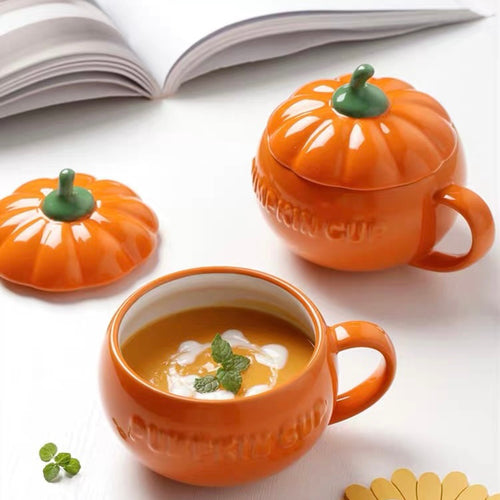 Cute Ceramic Breakfast & Soup Pumpkin Cup Bowl with Lid - Peachymart