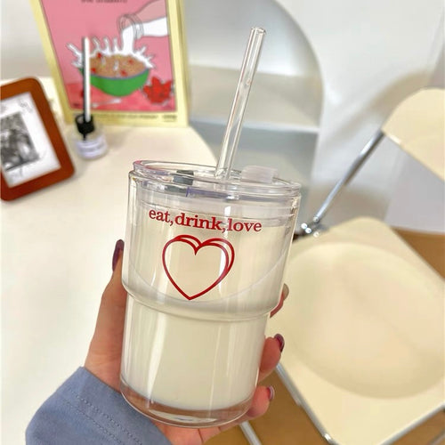 Cute 'Eat, Drink, Love' Printed Korea Style Transparent Coffee Mug with Lid - Peachymart