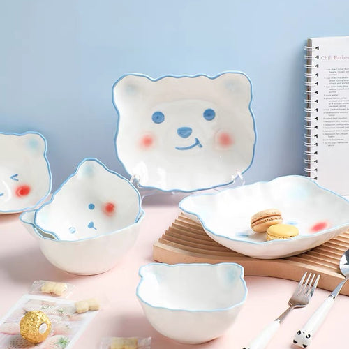 Kawaii Teddy Bear Shape Ceramic Underglaze Plate & Bowl - Peachymart