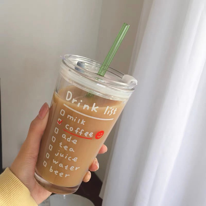 Cute Korean Style Coffee Letters Check List Transparent Glass Cup with Lid