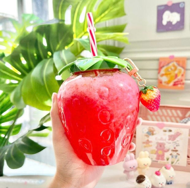 Strawberry Cute Glass Cup with Straw Creative Transparent Water