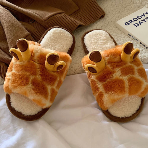Cute Cozy Fluffy 3D Giraffe Shape Home Slippers - Peachymart