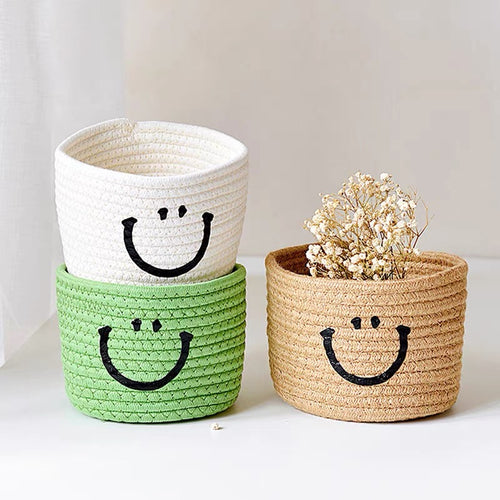 Cute Smiley Cotton Rope Woven Basket Storage - Peachymart