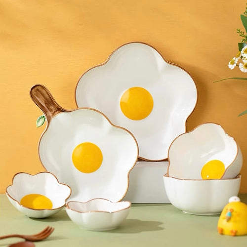 Cute Sunshine Fried Egg Ceramic Bowl & Plate Set - Peachymart