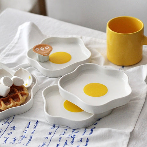 Cute Korean Style Sunshine Egg Shape Ceramic Plate - Peachymart